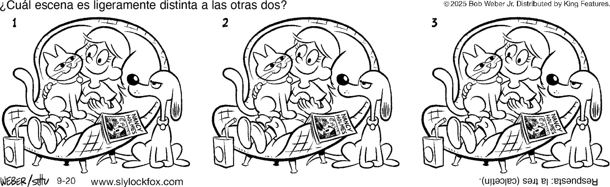 Coloring book OCR: ¿Cuál escena es ligeramente distinta a las otras dos? 1 2 WEBER/settu 9-20 www.slylockfox.com 3 © 2025 Bob Weber Jr. Distributed by King Features. (a) a ¿ Cuál escena es ligeramente distinta a las otras dos ? 1 2 WEBER / settu 9-20 www.slylockfox.com 3 © 2025 Bob Weber Jr. Distributed by King Features . ( a ) a