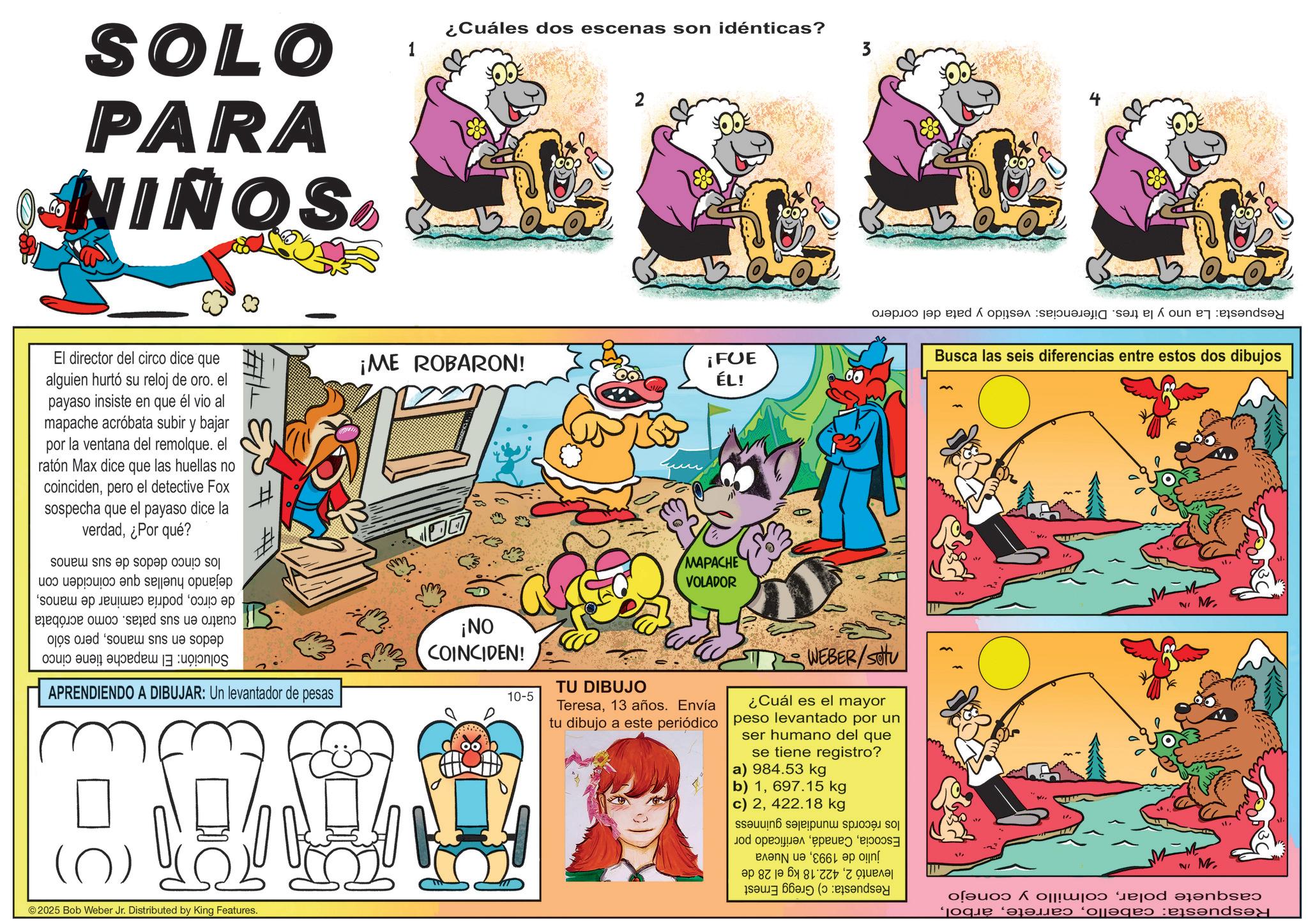 Humour Faces (1) OCR: SOLO PARA NIÑOS El director del circo dice que alguien hurtó su reloj de oro. el payaso insiste en que él vio al mapache acróbata subir y bajar por la ventana del remolque. el ratón Max dice que las huellas no coincidenpero el detective Fox sospecha que el payaso dice la verdad¿Por qué? dedos en Solución: El caminar de manoscuatro en sus patas. como acróbata sus manospero sólo mapache tiene cinco de circodejando huellas que coinciden con podría los cinco dedos de sus manos B 1 ¿Cuáles dos escenas son idénticas? 2 ¡ME ROBARON! ¡FUE ÉL! ON! APRENDIENDO A DIBUJAR: Un levantador de pesas COINCIDEN! ©2025 Bob Weber Jr. Distributed by King Features. MAPACHE VOLADOR 3 Respuesta: La uno y la tres. Diferencias: vestido y pata del cordero 10-5 TU DIBUJO mm Teresa13 años. Envía tu dibujo a este periódico WEBER/Setu ¿Cuál es el mayor peso levantado por un ser humano del que se tiene registro? a) 984.53 kg b) 1697.15 kg 422.18 kg c) 2Busca las seis diferencias entre estos dos dibujos NI M. casquete polarcolmillo y conejo Respuesta: cabelloNI M. los récords mundiales guinness Escociaverificado por julio de 1993en Nueva levantó 2422.18 kg el 28 de Respuesta: c) Gregg Ernest SOLO PARA NIÑOS El director del circo dice que alguien hurtó su reloj de oro . el payaso insiste en que él vio al mapache acróbata subir y bajar por la ventana del remolque . el ratón Max dice que las huellas no coincidenpero el detective Fox sospecha que el payaso dice la verdad¿ Por qué ? dedos en Solución : El caminar de manoscuatro en sus patas . como acróbata sus manospero sólo mapache tiene cinco de circodejando huellas que coinciden con podría los cinco dedos de sus manos B 1 ¿ Cuáles dos escenas son idénticas ? 2 ¡ ME ROBARON ! ¡ FUE ÉL ! ON ! APRENDIENDO A DIBUJAR : Un levantador de pesas COINCIDEN ! © 2025 Bob Weber Jr. Distributed by King Features . MAPACHE VOLADOR 3 Respuesta : La uno y la tres . Diferencias : vestido y pata del cordero 10-5 TU DIBUJO mm Teresa13 años . Envía tu dibujo a este periódico WEBER / Setu ¿ Cuál es el mayor peso levantado por un ser humano del que se tiene registro ? a ) 984.53 kg b ) 1697.15 kg 422.18 kg c ) 2Busca las seis diferencias entre estos dos dibujos NI M. casquete polarcolmillo y conejo Respuesta : cabelloNI M. los récords mundiales guinness Escociaverificado por julio de 1993en Nueva levantó 2422.18 kg el 28 de Respuesta : c ) Gregg Ernest