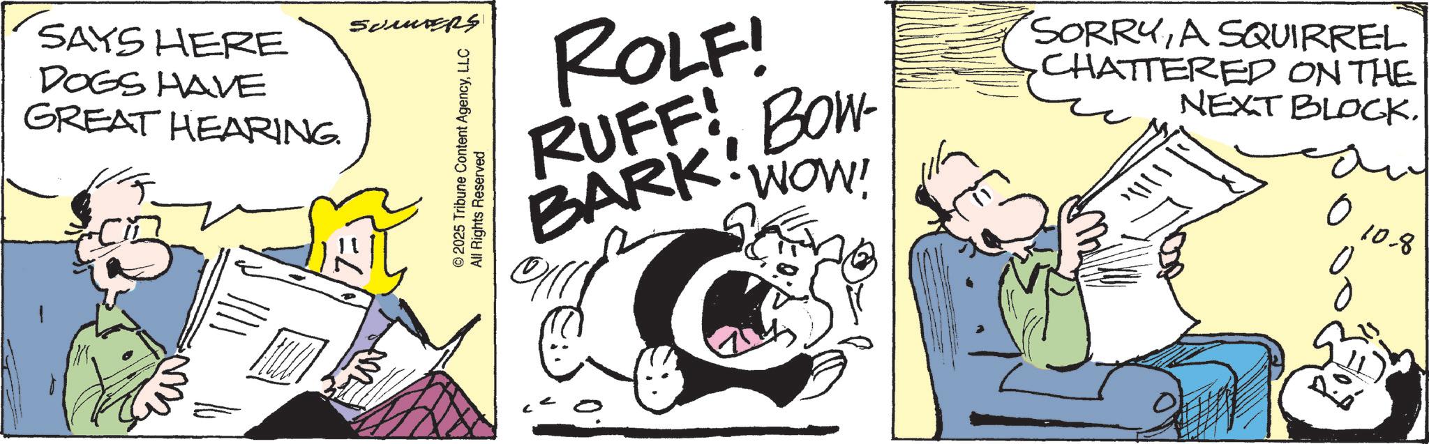 Animated cartoon OCR: SAYS HERE DOGS HAVE GREAT HEARING. ???????? © 2025 Tribune Content AgencyLLC All Rights Reserved ROLF! RUFF! BOW- BARK! •WOW! SORRYA SQUIRREL CHATTERED ON THE NEXT BLOCK. ???? ?? ? 10.8 SAYS HERE DOGS HAVE GREAT HEARING . ???????? © 2025 Tribune Content AgencyLLC All Rights Reserved ROLF ! RUFF ! BOW- BARK ! • WOW ! SORRYA SQUIRREL CHATTERED ON THE NEXT BLOCK . ???? ?? ? 10.8
