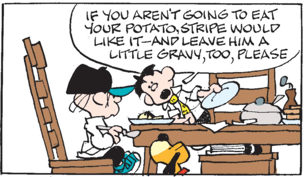 Animation OCR: IF YOU AREN'T GOING TO EAT YOUR POTATOSTRIPE WOULD LIKE IT-AND LEAVE HIM A LITTLE GRAVYPLEASE IF YOU AREN'T GOING TO EAT YOUR POTATOSTRIPE WOULD LIKE IT - AND LEAVE HIM A LITTLE GRAVY