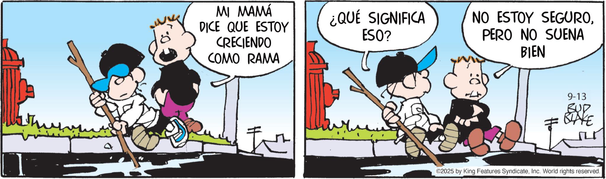 Comic book OCR: MI MAMÁ DICE QUE ESTOY CRECIENDO COMO RAMA ¿QUÉ SIGNIFICA ESO? NO ESTOY SEGUROPERO NO SUENA BIEN 9-13 BUD ©2025 by King Features SyndicateInc. World rights reserved. MI MAMÁ DICE QUE ESTOY CRECIENDO COMO RAMA ¿ QUÉ SIGNIFICA ESO ? NO ESTOY SEGUROPERO NO SUENA BIEN 9-13 BUD © 2025 by King Features SyndicateInc. World rights reserved .