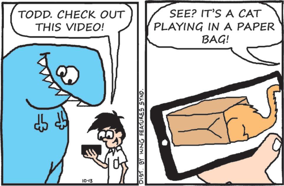 Photo caption OCR: TODD. CHECK OUT THIS VIDEO! SEE? IT'S A CAT PLAYING IN A PAPER BAG! 10-13 DISTBY KING FEATURES SYND. TODD . CHECK OUT THIS VIDEO ! SEE ? IT'S A CAT PLAYING IN A PAPER BAG ! 10-13 DISTBY KING FEATURES SYND .