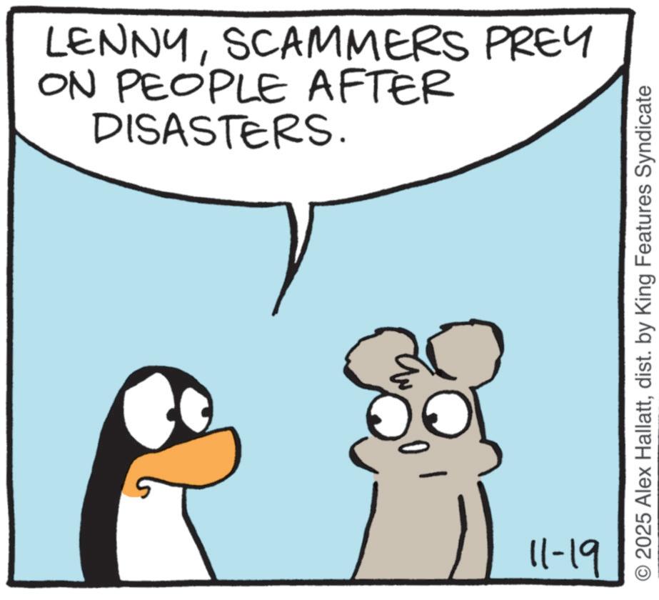 Flightless bird OCR: LENNYSCAMMERS PREY ON PEOPLE AFTER DISASTERS. 11-19 2025 Alex Hallattdist. by King Features Syndicate LENNYSCAMMERS PREY ON PEOPLE AFTER DISASTERS . 11-19 2025 Alex Hallattdist . by King Features Syndicate