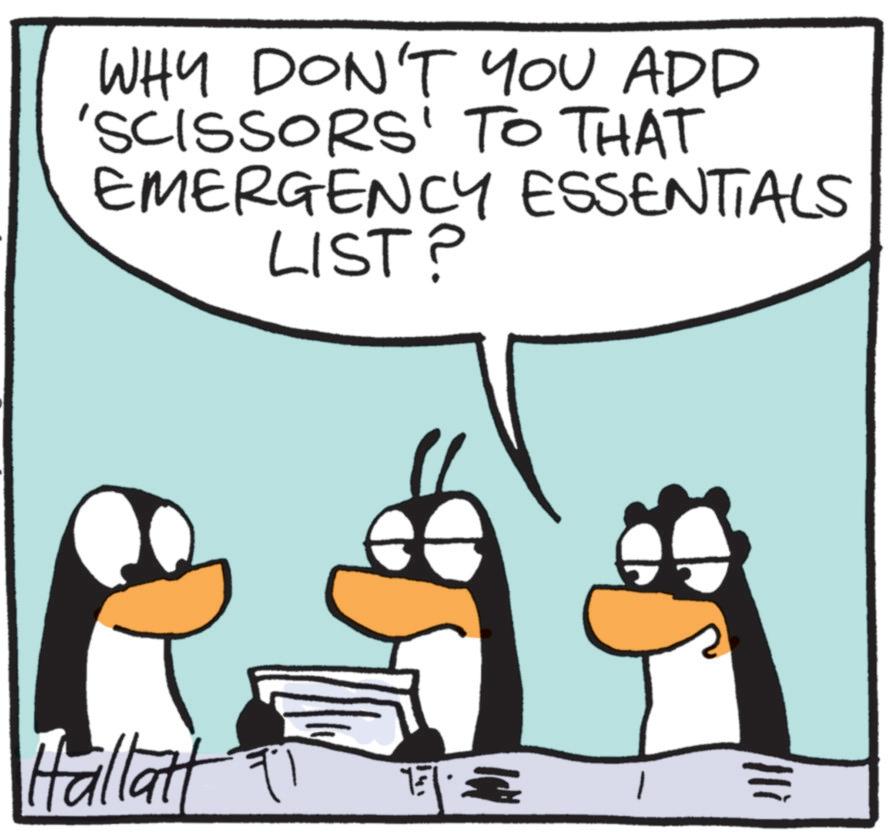 Photo caption OCR: WHY DON'T YOU ADD 'SCISSORS' TO THAT EMERGENCY LIST? ESSENTIALS Hallatt WHY DON'T YOU ADD ' SCISSORS ' TO THAT EMERGENCY LIST ? ESSENTIALS Hallatt
