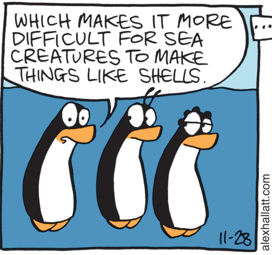 Photo caption OCR: WHICH MAKES IT MORE DIFFICULT FOR SEA CREATURES TO MAKE THINGS LIKE SHELLS. 11-28 alexhallatt.com WHICH MAKES IT MORE DIFFICULT FOR SEA CREATURES TO MAKE THINGS LIKE SHELLS . 11-28 alexhallatt.com