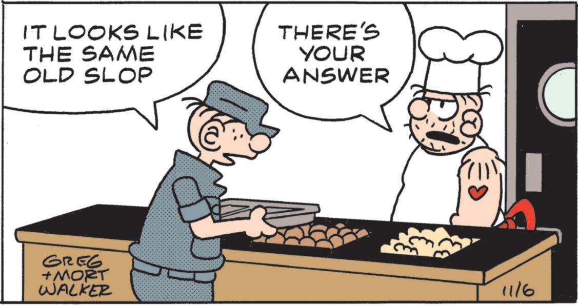Comfort food OCR: IT LOOKS LIKE THE SAME THERE'S YOUR OLD SLOP ANSWER GREG +MORT WALKER 81 11/6 IT LOOKS LIKE THE SAME THERE'S YOUR OLD SLOP ANSWER GREG + MORT WALKER 81 11/6
