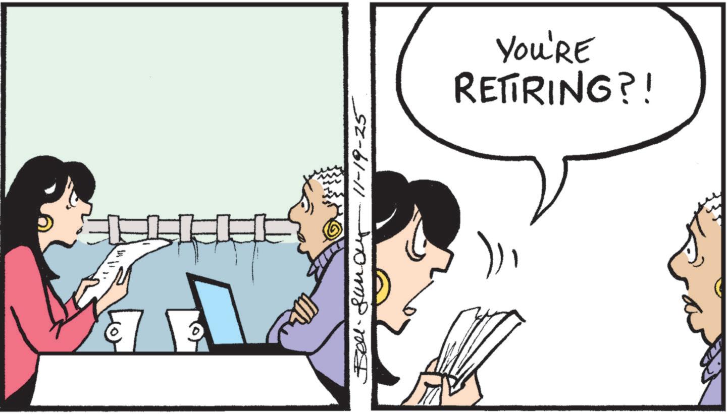 Graphics OCR: Bell. Sun-11-19-25 YOU'RE RETIRING?! Bell . Sun - 11-19-25 YOU'RE RETIRING ?!
