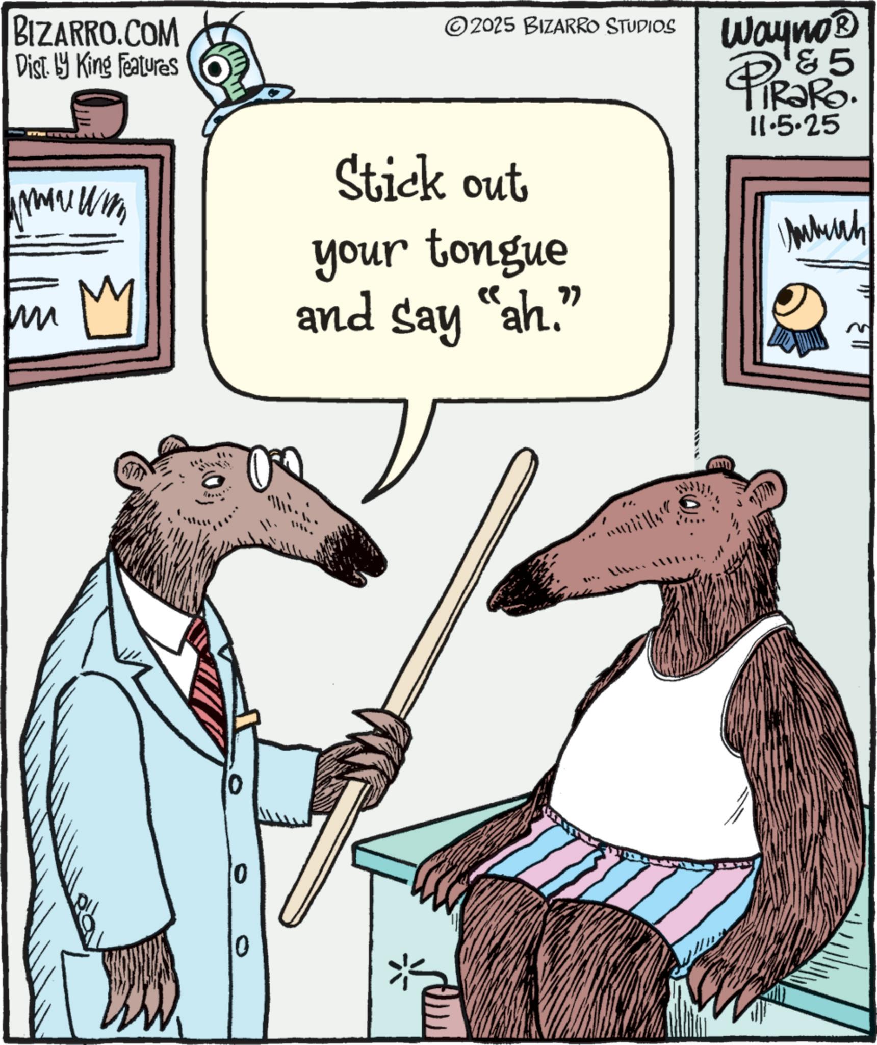 Animation OCR: ©2025 BIZARRO STUDIOS Wayno? BIZARRO.COM Dist. by King Features Stick out mu wm m M your tongue and say "ah." 10 * 5 PiRaRo. 11.5.25 © 2025 BIZARRO STUDIOS Wayno? BIZARRO.COM Dist . by King Features Stick out mu wm m M your tongue and say " ah . " 10 * 5 PiRaRo . 11.5.25
