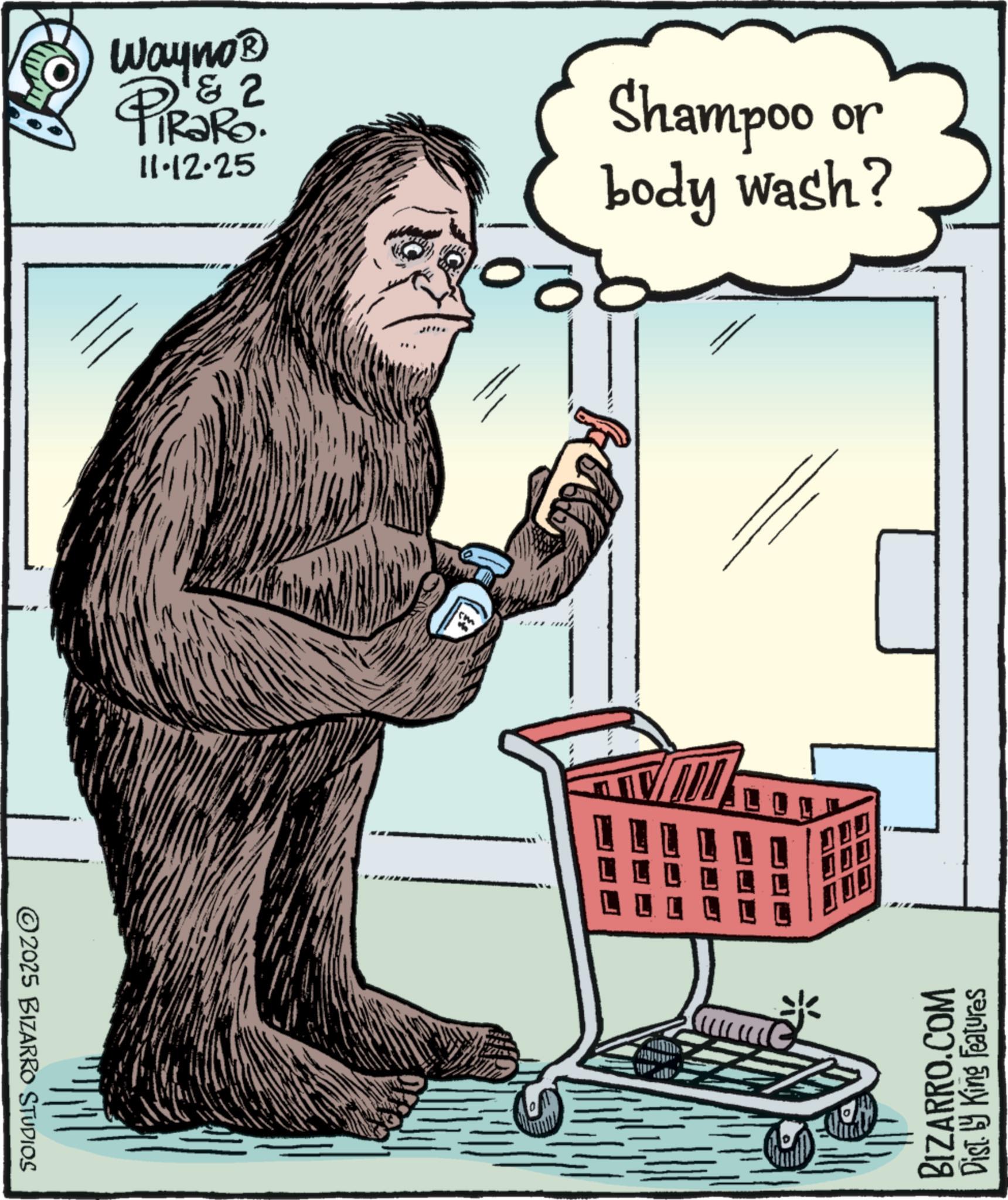 Animation OCR: 2025 BIZARRO STUDIOS BRO Wayno? & 2 TRaRo. 11.12.25 LL Shampoo or body wash? 900 BIZARRO.COM Dist. by King Features 2025 BIZARRO STUDIOS BRO Wayno? & 2 TRaRo . 11.12.25 LL Shampoo or body wash ? 900 BIZARRO.COM Dist . by King Features
