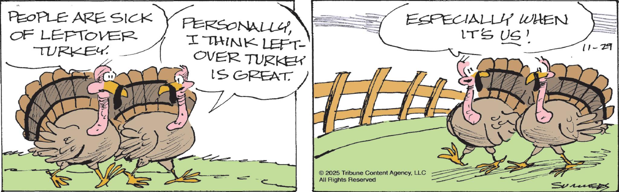 Fowl OCR: PEOPLE ARE SICK OF LEFTOVER TURKEY. PERSONALLYI THINK LEFT- OVER TURKEY IS GREAT. ESPECIALLY WHEN IT'S US! © 2025 Tribune Content AgencyLLC All Rights Reserved 11-29 Surnes PEOPLE ARE SICK OF LEFTOVER TURKEY . PERSONALLYI THINK LEFT- OVER TURKEY IS GREAT . ESPECIALLY WHEN IT'S US ! © 2025 Tribune Content AgencyLLC All Rights Reserved 11-29 Surnes