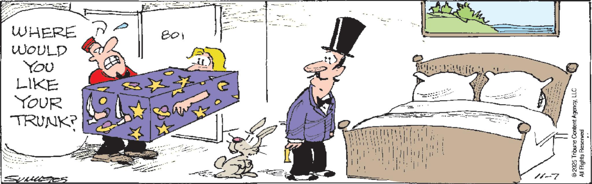 Animated cartoon OCR: WHERE WOULD You LIKE YOUR TRUNK? 801 11-7 2025 Tribune Content AgencyLLC All Rights Reserved WHERE WOULD You LIKE YOUR TRUNK ? 801 11-7 2025 Tribune Content AgencyLLC All Rights Reserved