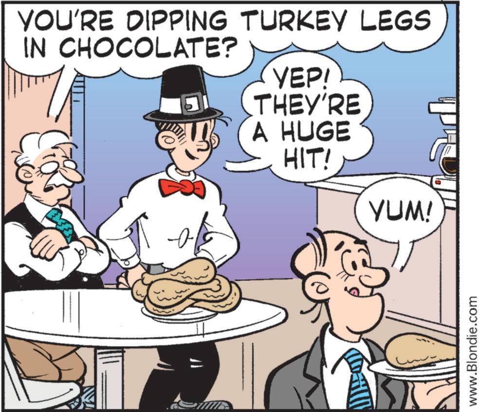 Cutlery OCR: YOU'RE DIPPING TURKEY LEGS IN CHOCOLATE? YEP! THEY'RE A HUGE HIT! YUM! www.Blondie.com YOU'RE DIPPING TURKEY LEGS IN CHOCOLATE ? YEP ! THEY'RE A HUGE HIT ! YUM ! www.Blondie.com