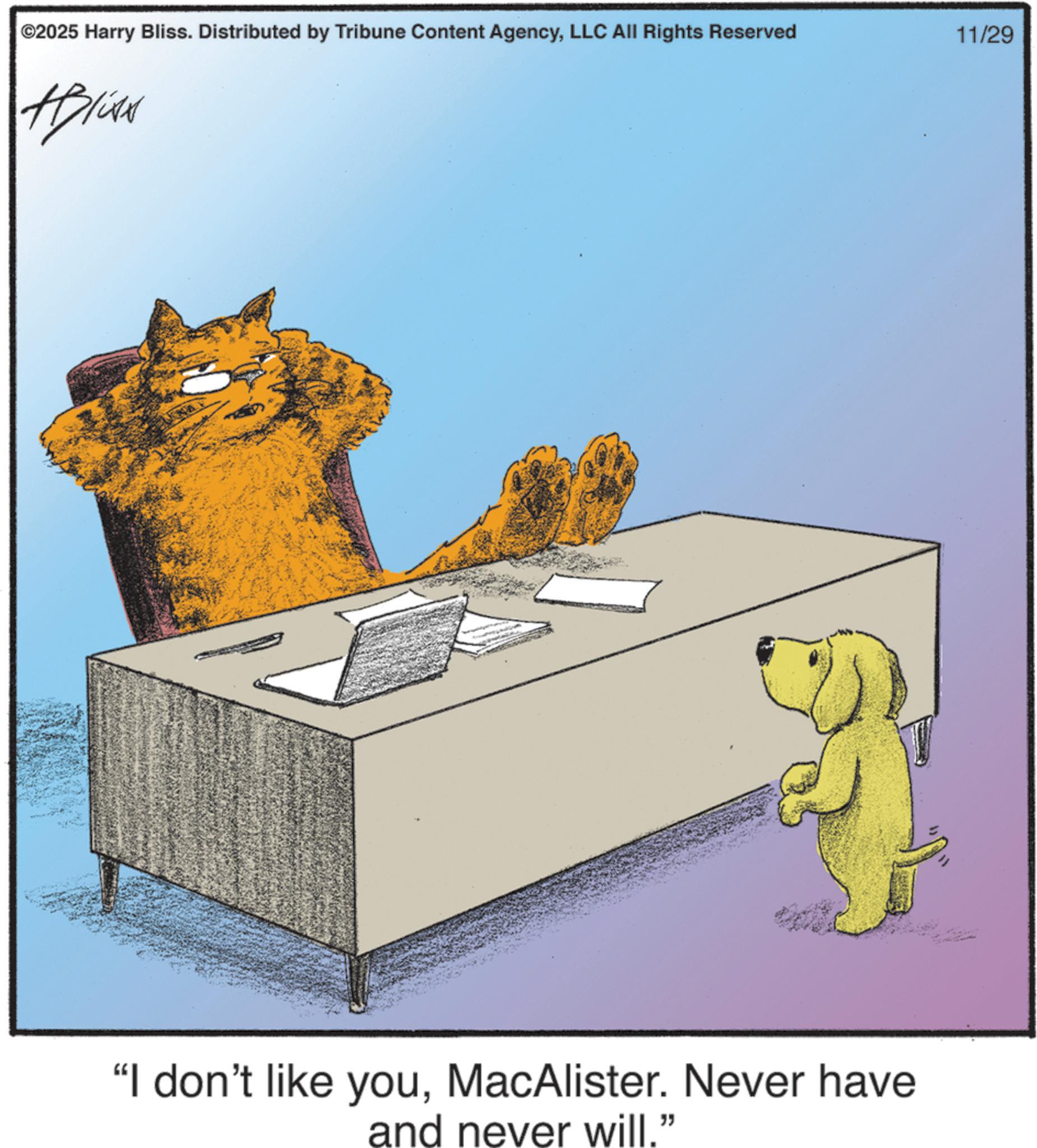 Photo caption OCR: ©2025 Harry Bliss. Distributed by Tribune Content AgencyLLC All Rights Reserved 11/29 ABIAN "I don't like youMacAlister. Never have and never will." © 2025 Harry Bliss . Distributed by Tribune Content AgencyLLC All Rights Reserved 11/29 ABIAN " I don't like youMacAlister . Never have and never will . "