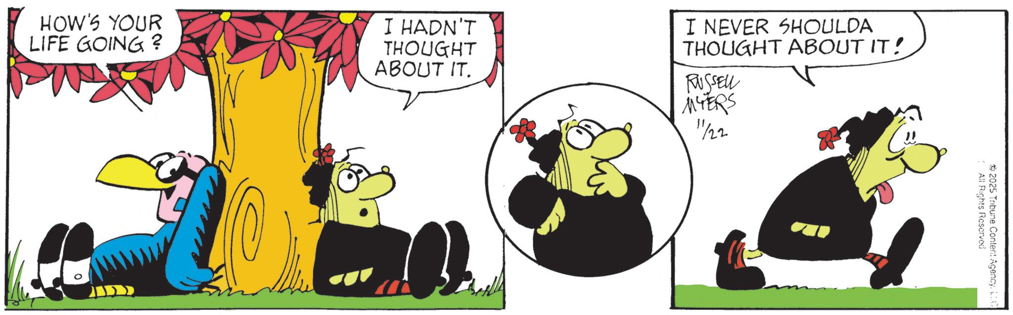Comic book OCR: 11/22 HOW'S YOUR LIFE GOING? I HADN'T THOUGHT ABOUT IT. I NEVER SHOULDA THOUGHT ABOUT IT! RUSSELL MYERS All Rights Reserved 2025 Tribune Content Agency. Ltd 11/22 HOW'S YOUR LIFE GOING ? I HADN'T THOUGHT ABOUT IT . I NEVER SHOULDA THOUGHT ABOUT IT ! RUSSELL MYERS All Rights Reserved 2025 Tribune Content Agency . Ltd