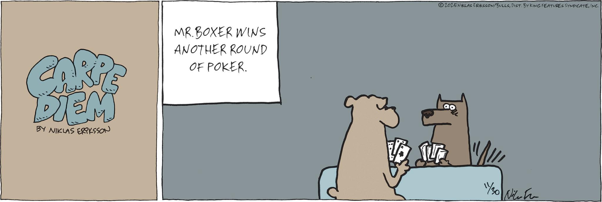 Graphics OCR: ??? DIEM BY NIKLAS ERIKSSON MR.BOXER WINS ANOTHER ROUND OF POKER. 2025NIKLAS ERIKSSON/BULLSINC. 11/30 Niketa ??? DIEM BY NIKLAS ERIKSSON MR.BOXER WINS ANOTHER ROUND OF POKER . 2025NIKLAS ERIKSSON / BULLSDIST . BY KING FEATURES SYNDICATEINC . 11/30 Niketa