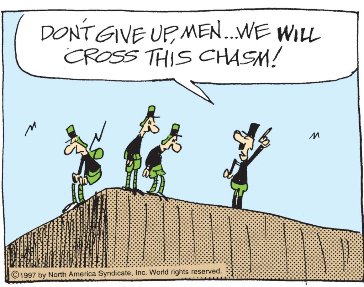 Animation OCR: DON'T GIVE UPMEN... WE WILL CROSS THIS CHASM! ©1997 by North America SyndicateInc. World rights reserved. DON'T GIVE UPMEN ... WE WILL CROSS THIS CHASM ! © 1997 by North America SyndicateInc. World rights reserved .