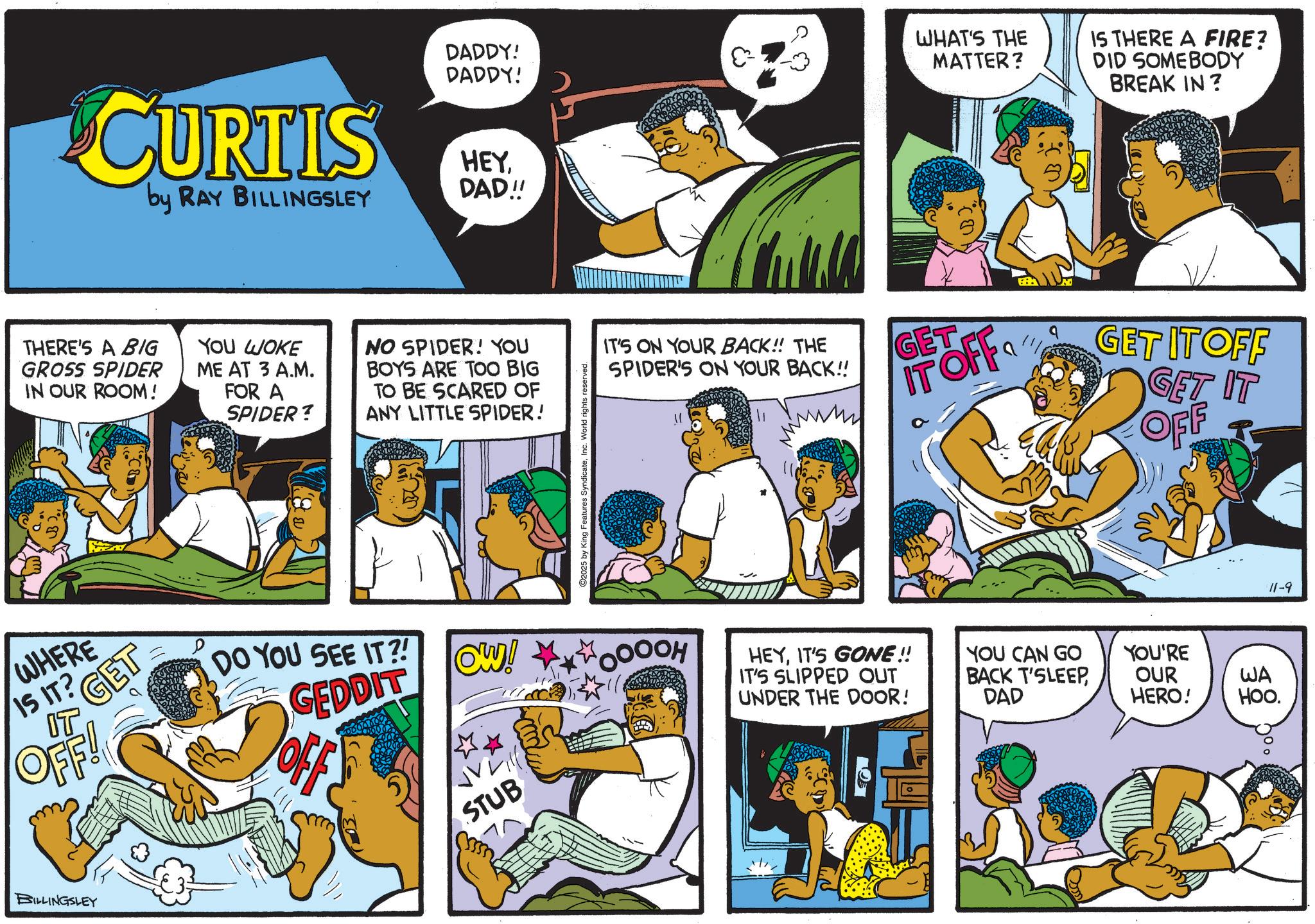 Animation OCR: DADDY! DADDY! CURTIS by RAY BILLINGSLEY HEYDAD!! THERE'S A BIG GROSS SPIDER IN OUR ROOM! YOU WOKE ME AT 3 A.M. FOR A SPIDER? NO SPIDER! YOU BOYS ARE TOO BIG TO BE SCARED OF ANY LITTLE SPIDER! WHERE IS IT? IT OFF! GET BILLINGSLEY ©2025 by King Features SyndicateInc. World rights reserved. WHAT'S THE MATTER? IS THERE A FIRE? DID SOMEBODY BREAK IN? IT'S ON YOUR BACK!! THE SPIDER'S ON YOUR BACK!! GET GF OFF GET IT OFF IT GET IT OFF DO YOU SEE IT?! GEDDIT OW! OOOH STUB HEYIT'S GONE!! IT'S SLIPPED OUT UNDER THE DOOR! YOU CAN GO BACK T'SLEEPDAD YOU'RE OUR HERO! WA HOO. 50° 11-9 DADDY ! DADDY ! CURTIS by RAY BILLINGSLEY HEYDAD !! THERE'S A BIG GROSS SPIDER IN OUR ROOM ! YOU WOKE ME AT 3 A.M. FOR A SPIDER ? NO SPIDER ! YOU BOYS ARE TOO BIG TO BE SCARED OF ANY LITTLE SPIDER ! WHERE IS IT ? IT OFF ! GET BILLINGSLEY © 2025 by King Features SyndicateInc. World rights reserved . WHAT'S THE MATTER ? IS THERE A FIRE ? DID SOMEBODY BREAK IN ? IT'S ON YOUR BACK !! THE SPIDER'S ON YOUR BACK !! GET GF OFF GET IT OFF IT GET IT OFF DO YOU SEE IT ?! GEDDIT OW ! OOOH STUB HEYIT'S GONE !! IT'S SLIPPED OUT UNDER THE DOOR ! YOU CAN GO BACK T'SLEEPDAD YOU'RE OUR HERO ! WA HOO . 50 ° 11-9