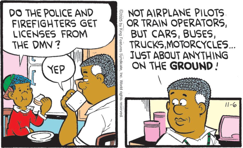 Comic book OCR: DO THE POLICE AND FIREFIGHTERS GET LICENSES FROM THE DMV? YEP NOT AIRPLANE PILOTS OR TRAIN OPERATORSTRUCKS MOTORCYCLES... JUST ABOUT ANYTHING ON THE GROUND! 2025 by King Features SyndicateInc. World rights reserved. 11-6 DO THE POLICE AND FIREFIGHTERS GET LICENSES FROM THE DMV ? YEP NOT AIRPLANE PILOTS OR TRAIN OPERATORSBUT CARSTRUCKS MOTORCYCLES ... JUST ABOUT ANYTHING ON THE GROUND ! 2025 by King Features SyndicateInc. World rights reserved . 11-6