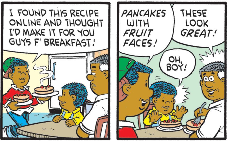 Food OCR: I FOUND THIS RECIPE ONLINE AND THOUGHT I'D MAKE IT FOR YOU GUYS F' BREAKFAST! PANCAKES THESE WITH FRUIT FACES! OHLOOK GREAT! BOY! 5 000 I FOUND THIS RECIPE ONLINE AND THOUGHT I'D MAKE IT FOR YOU GUYS F ' BREAKFAST ! PANCAKES THESE WITH FRUIT FACES ! OHLOOK GREAT ! BOY ! 5 000