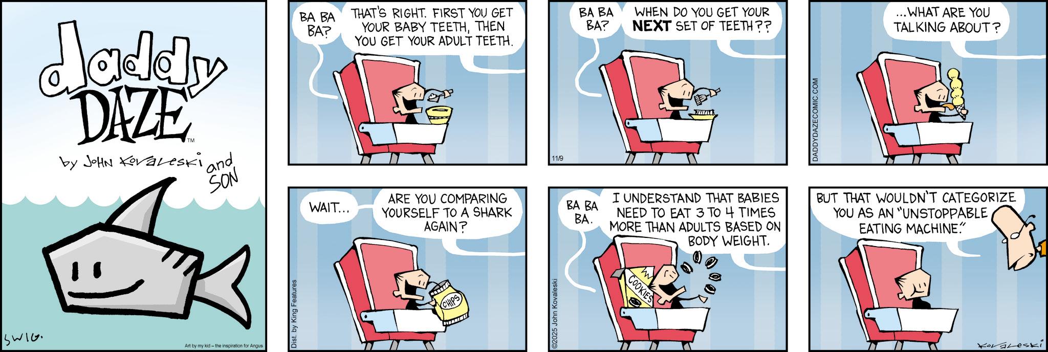 Comics OCR: daddy DAZE by JOHN Kovaleski and SON BA BA THAT'S RIGHT. FIRST YOU GET BA? WAIT... YOUR BABY TEETHTHEN YOU GET YOUR ADULT TEETH. 11/9 BA BA BA? WHEN DO YOU GET YOUR NEXT SET OF TEETH?? DADDYDAZECOMIC.COM ...WHAT ARE YOU TALKING ABOUT? SWIG Art by my kid- the inspiration r Angus Dist. by King Features ARE YOU COMPARING YOURSELF TO A SHARK BA BA BA. AGAIN? I UNDERSTAND THAT BABIES NEED TO EAT 3 TO 4 TIMES MORE THAN ADULTS BASED ON BODY WEIGHT. CHIPS ©2025 John Kovaleski COOKIES BUT THAT WOULDN'T CATEGORIZE YOU AS AN "UNSTOPPABLE EATING MACHINE." Koraleski daddy DAZE by JOHN Kovaleski and SON BA BA THAT'S RIGHT . FIRST YOU GET BA ? WAIT ... YOUR BABY TEETHTHEN YOU GET YOUR ADULT TEETH . 11/9 BA BA BA ? WHEN DO YOU GET YOUR NEXT SET OF TEETH ?? DADDYDAZECOMIC.COM ... WHAT ARE YOU TALKING ABOUT ? SWIG Art by my kid- the inspiration r Angus Dist . by King Features ARE YOU COMPARING YOURSELF TO A SHARK BA BA BA . AGAIN ? I UNDERSTAND THAT BABIES NEED TO EAT 3 TO 4 TIMES MORE THAN ADULTS BASED ON BODY WEIGHT . CHIPS © 2025 John Kovaleski COOKIES BUT THAT WOULDN'T CATEGORIZE YOU AS AN " UNSTOPPABLE EATING MACHINE . " Koraleski