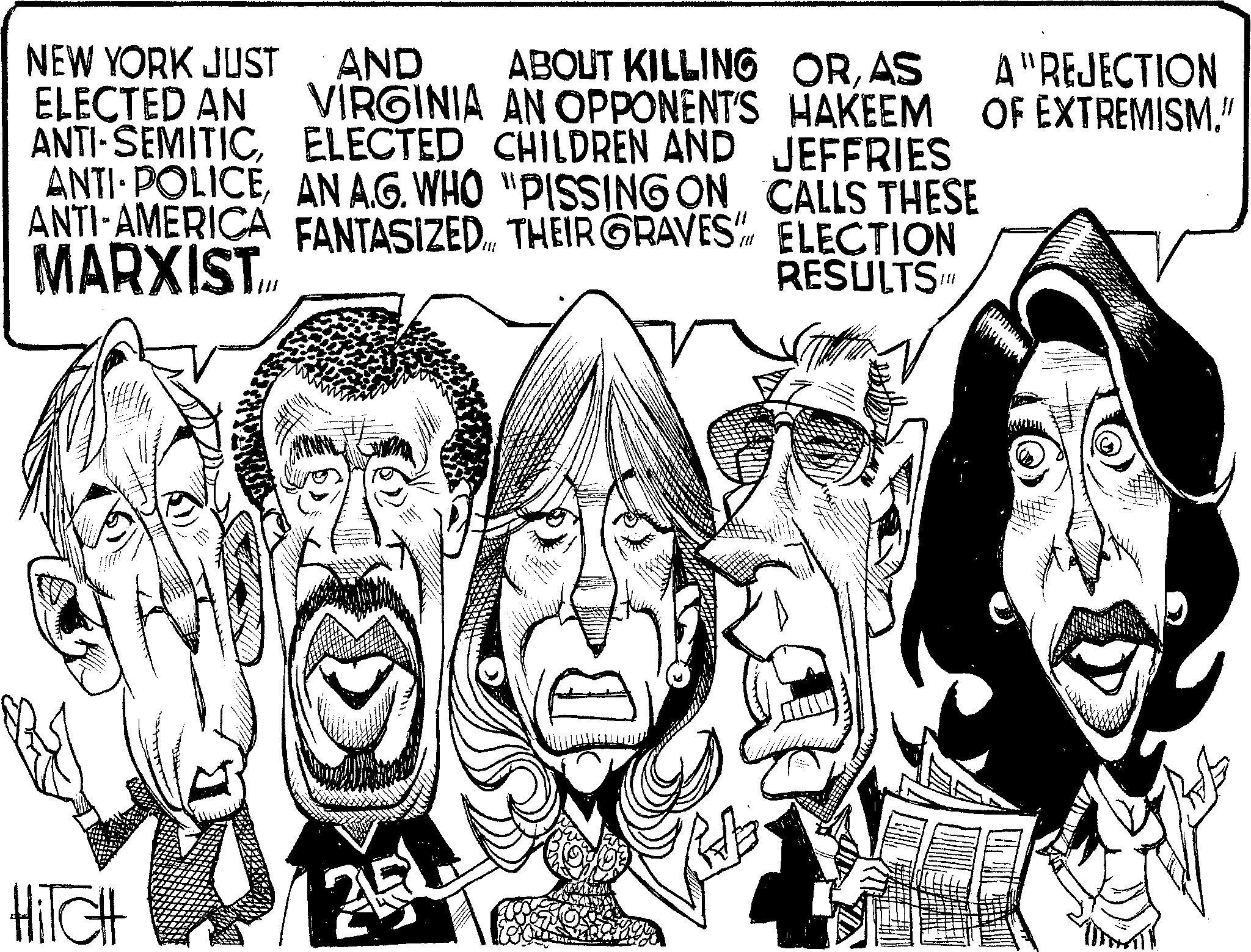 Line art OCR: NEW YORK JUST AND ELECTED AN ABOUT KILLING VIRGINIA AN OPPONENT'S ANTI-SEMITICELECTED CHILDREN AND ANTI-POLICEAN A.G. WHO "PISSING ON ANTI-AMERICA FANTASIZED... THEIR GRAVES MARXIST. HITCH 25 ORAS HAKEEM JEFFRIES CALLS THESE ELECTION RESULTS A "REJECTION OF EXTREMISM." NEW YORK JUST AND ELECTED AN ABOUT KILLING VIRGINIA AN OPPONENT'S ANTI - SEMITICELECTED CHILDREN AND ANTI - POLICEAN A.G. WHO " PISSING ON ANTI - AMERICA FANTASIZED ... THEIR GRAVES MARXIST . HITCH 25 ORAS HAKEEM JEFFRIES CALLS THESE ELECTION RESULTS A " REJECTION OF EXTREMISM . "
