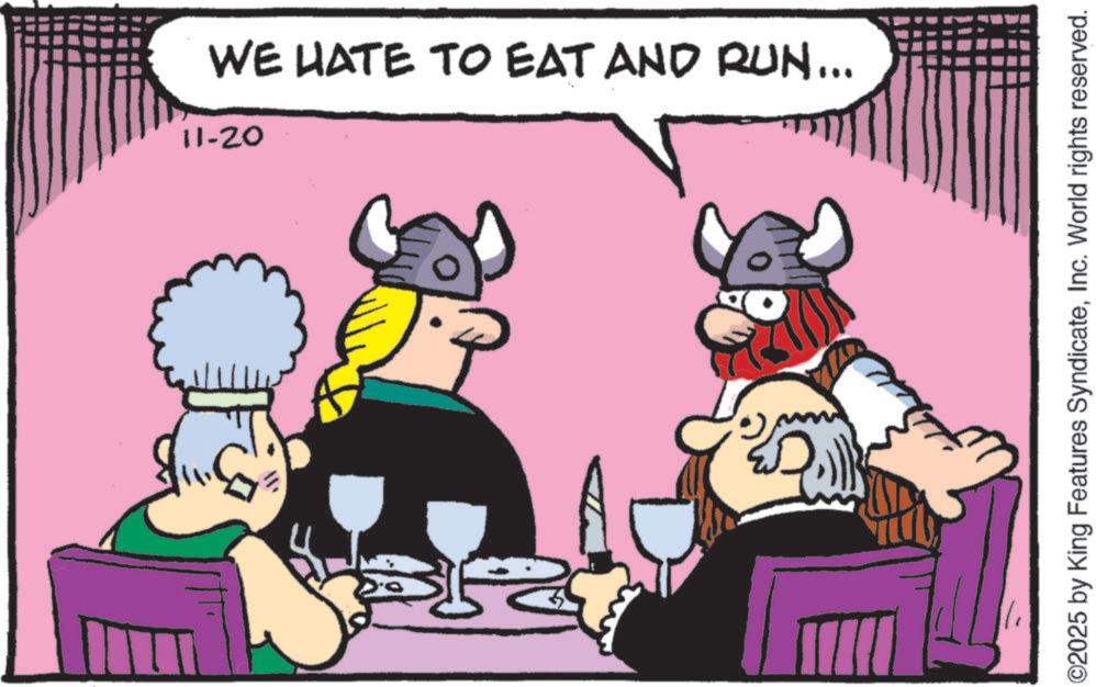 Clip art OCR: WE HATE TO EAT AND RUN... 11-20 ???? ©2025 by King Features SyndicateInc. World rights reserved. WE HATE TO EAT AND RUN ... 11-20 ???? © 2025 by King Features SyndicateInc. World rights reserved .
