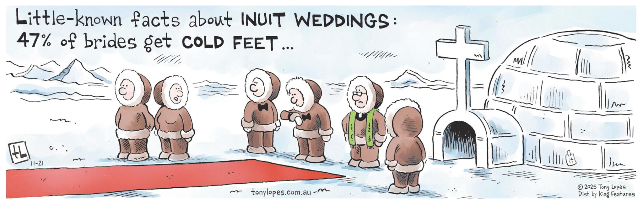 Animated cartoon OCR: Little-known facts about INUIT WEDDINGS: 47% of brides get COLD FEET... 11-21 m tonylopes.com.au SELE m 2025 Tony Lopes Dist. by King Features Little - known facts about INUIT WEDDINGS : 47 % of brides get COLD FEET ... 11-21 m tonylopes.com.au SELE m 2025 Tony Lopes Dist . by King Features