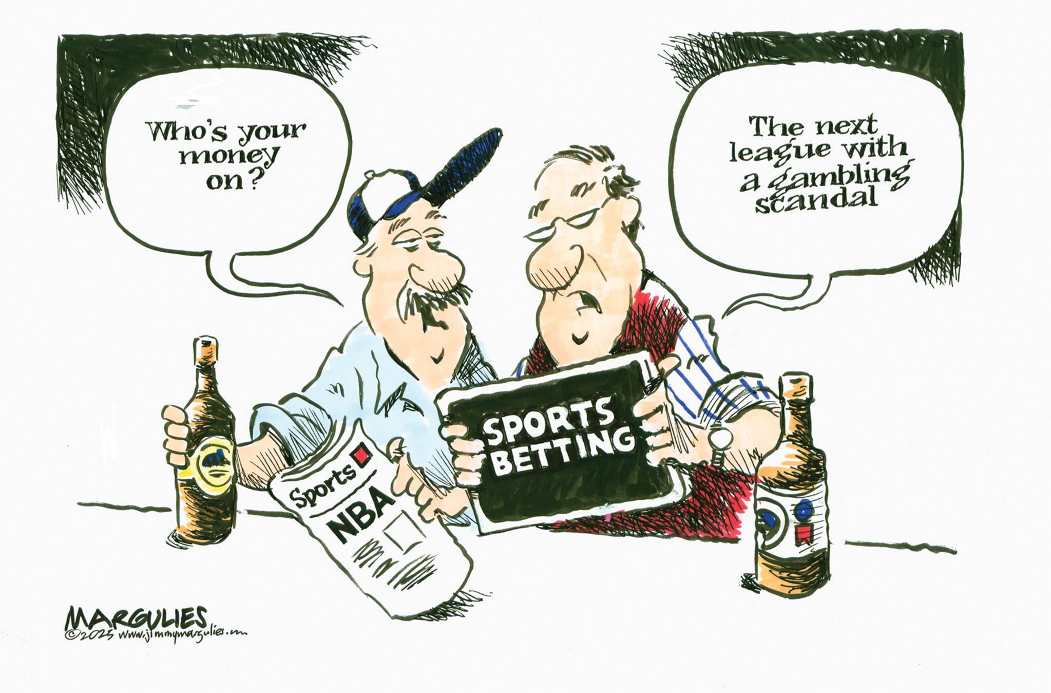 Graphic design OCR: Who's your money on? The next league with a gambling Scandal MARGULIES ©2025 www.jimmymargulies.cm Sports NBA SPORTS BETTING Who's your money on ? The next league with a gambling Scandal MARGULIES © 2025 www.jimmymargulies.cm Sports NBA SPORTS BETTING