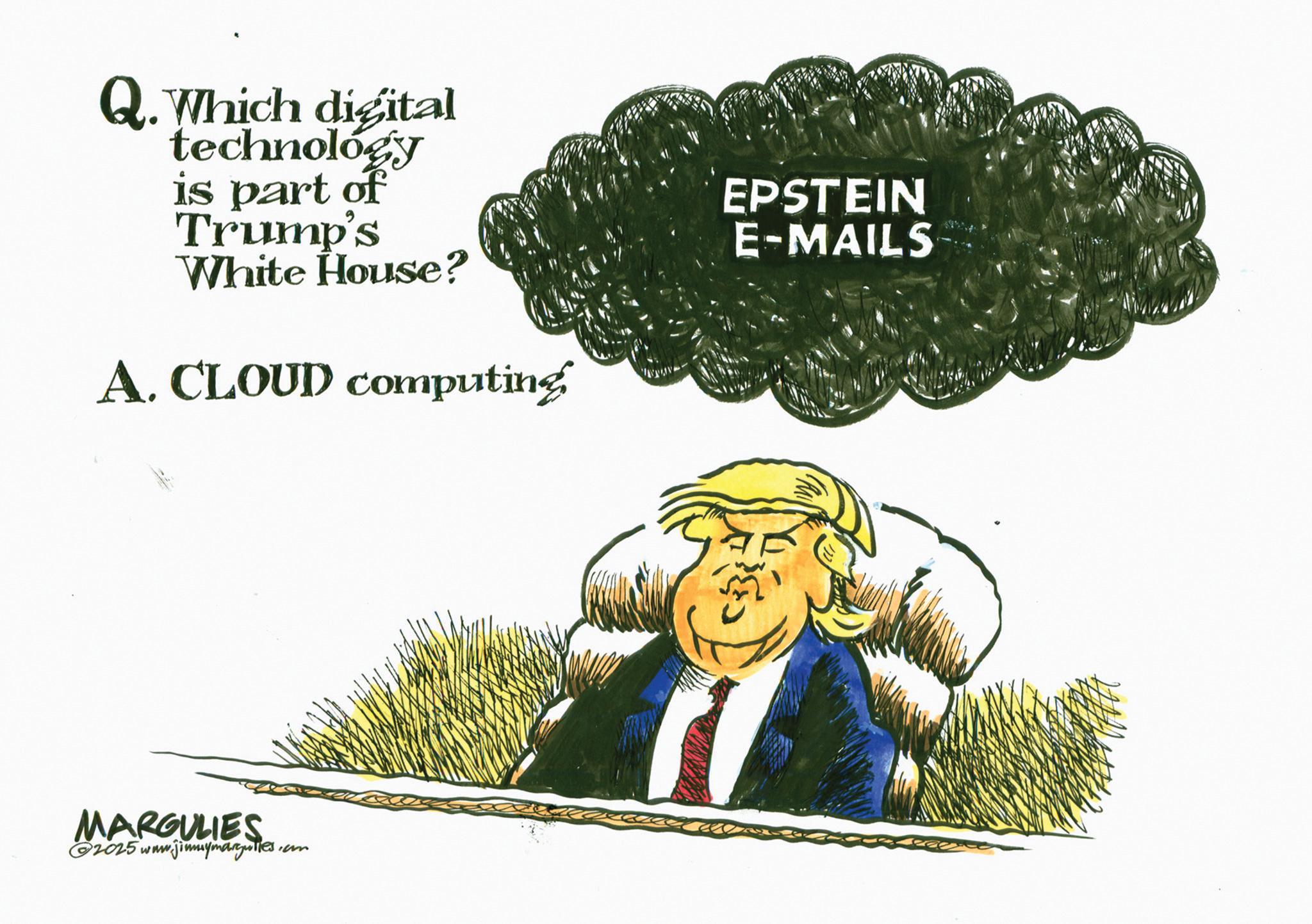 Animated cartoon OCR: Q. Which digital technology is part of Trump's White House? A. CLOUD computing MARGULIES 2025 www.jimmymargulies. um EPSTEIN E-MAILS Q. Which digital technology is part of Trump's White House ? A. CLOUD computing MARGULIES 2025 www.jimmymargulies . um EPSTEIN E - MAILS
