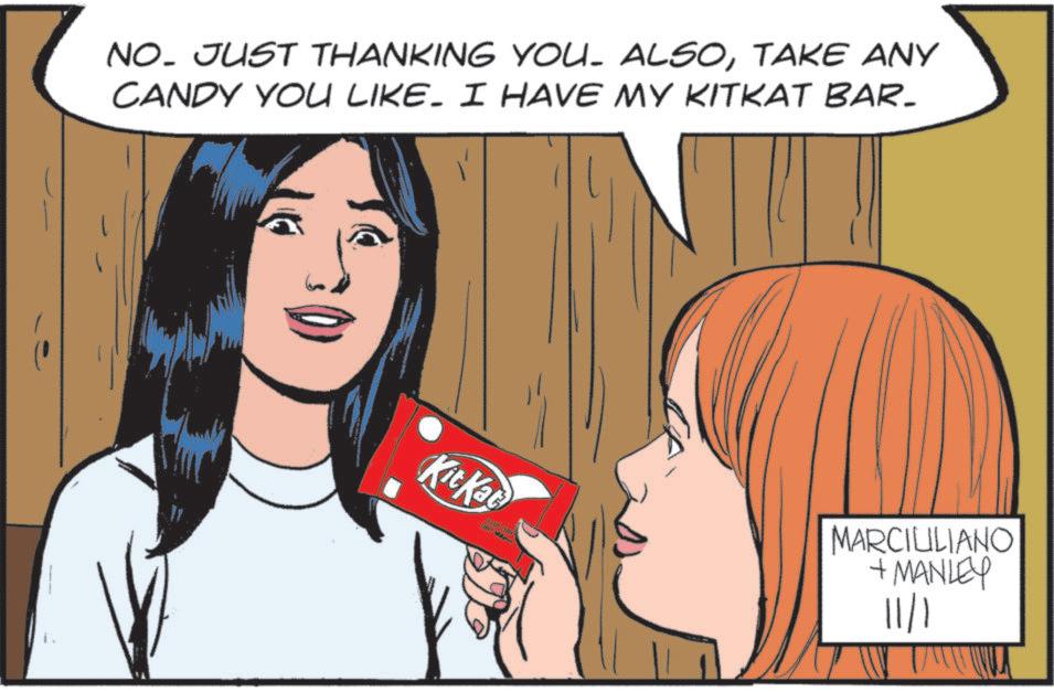Graphic design OCR: NO. JUST THANKING YOU. ALSOTAKE ANY CANDY YOU LIKE. I HAVE MY KITKAT BAR. KitKat MARCIULIANO + MANLEY 11/1 NO . JUST THANKING YOU . ALSOTAKE ANY CANDY YOU LIKE . I HAVE MY KITKAT BAR . KitKat MARCIULIANO + MANLEY 11/1