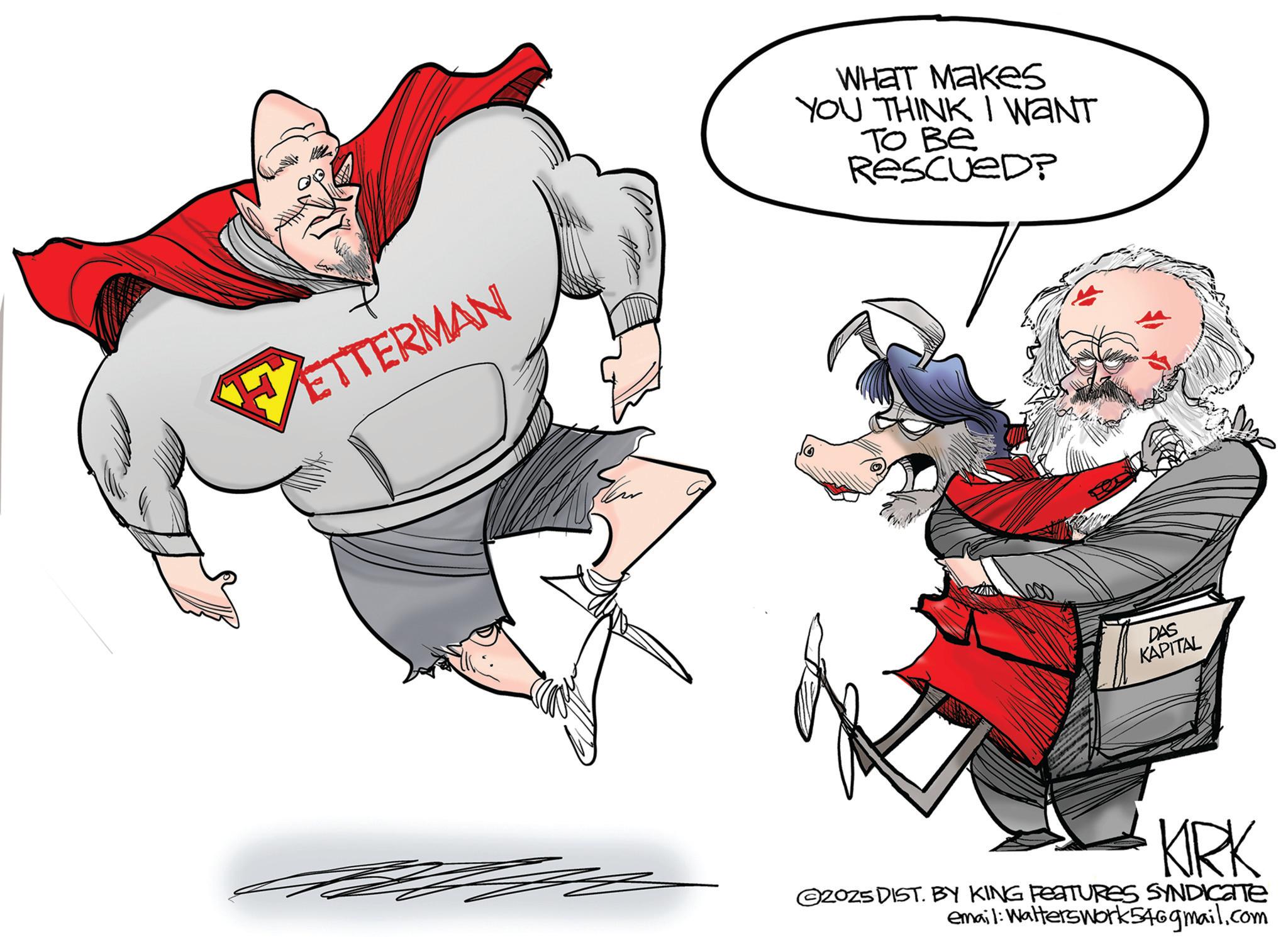 Graphics OCR: ? ETTERMAN WHAT Makes YOU THINK I WANT ???? RESCUED? DAS KAPITAL KIRK 2025 DIST. BY KING FEATURES SYNDICATE email: Walterswork546gmail.com ? ETTERMAN WHAT Makes YOU THINK I WANT ???? RESCUED ? DAS KAPITAL KIRK 2025 DIST . BY KING FEATURES SYNDICATE email : Walterswork546gmail.com