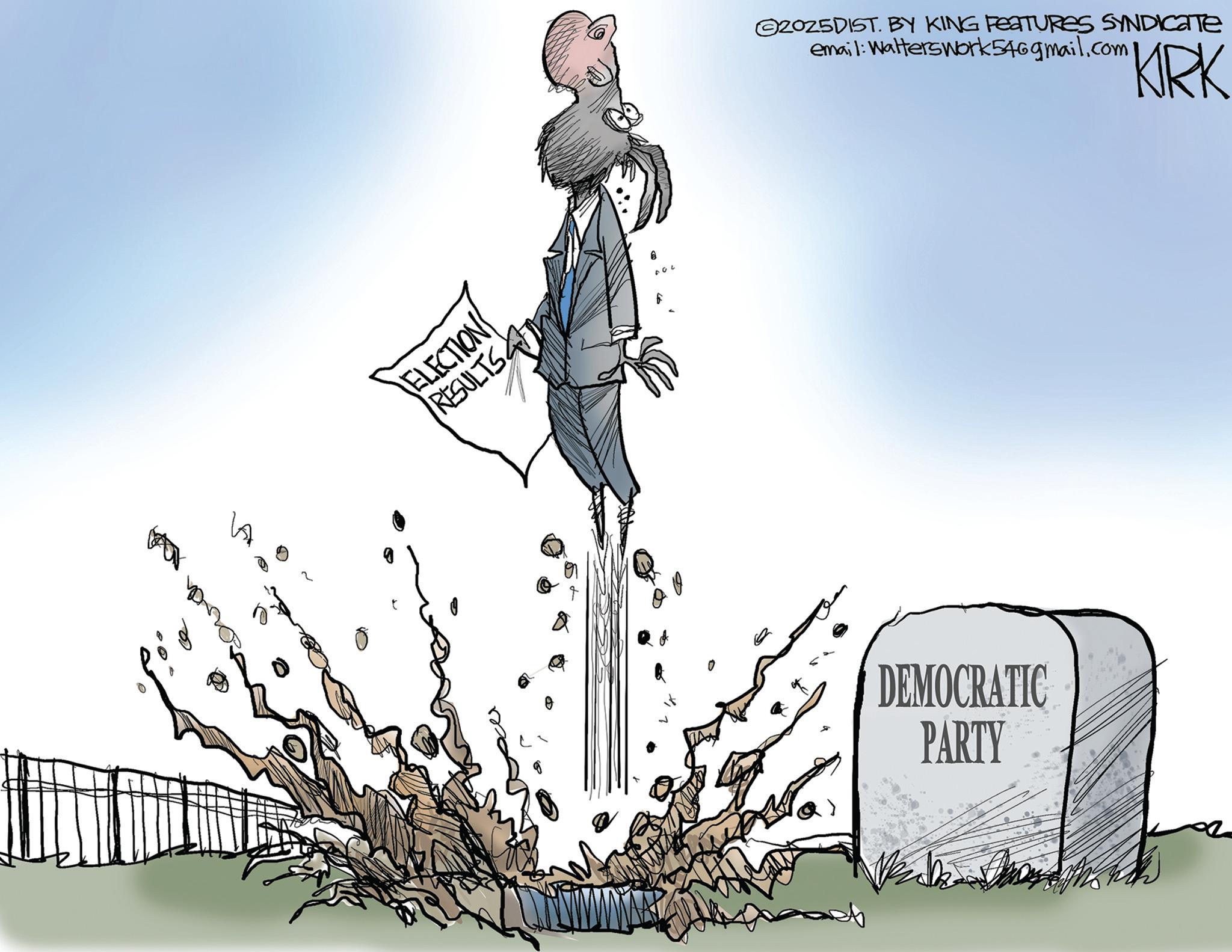 Animated cartoon OCR: ELECTION RESULTS 2025DIST. BY KING FEATURES SYNDICATE email: Walterswork546gmail.com KRK DEMOCRATIC PARTY ELECTION RESULTS 2025DIST . BY KING FEATURES SYNDICATE email : Walterswork546gmail.com KRK DEMOCRATIC PARTY