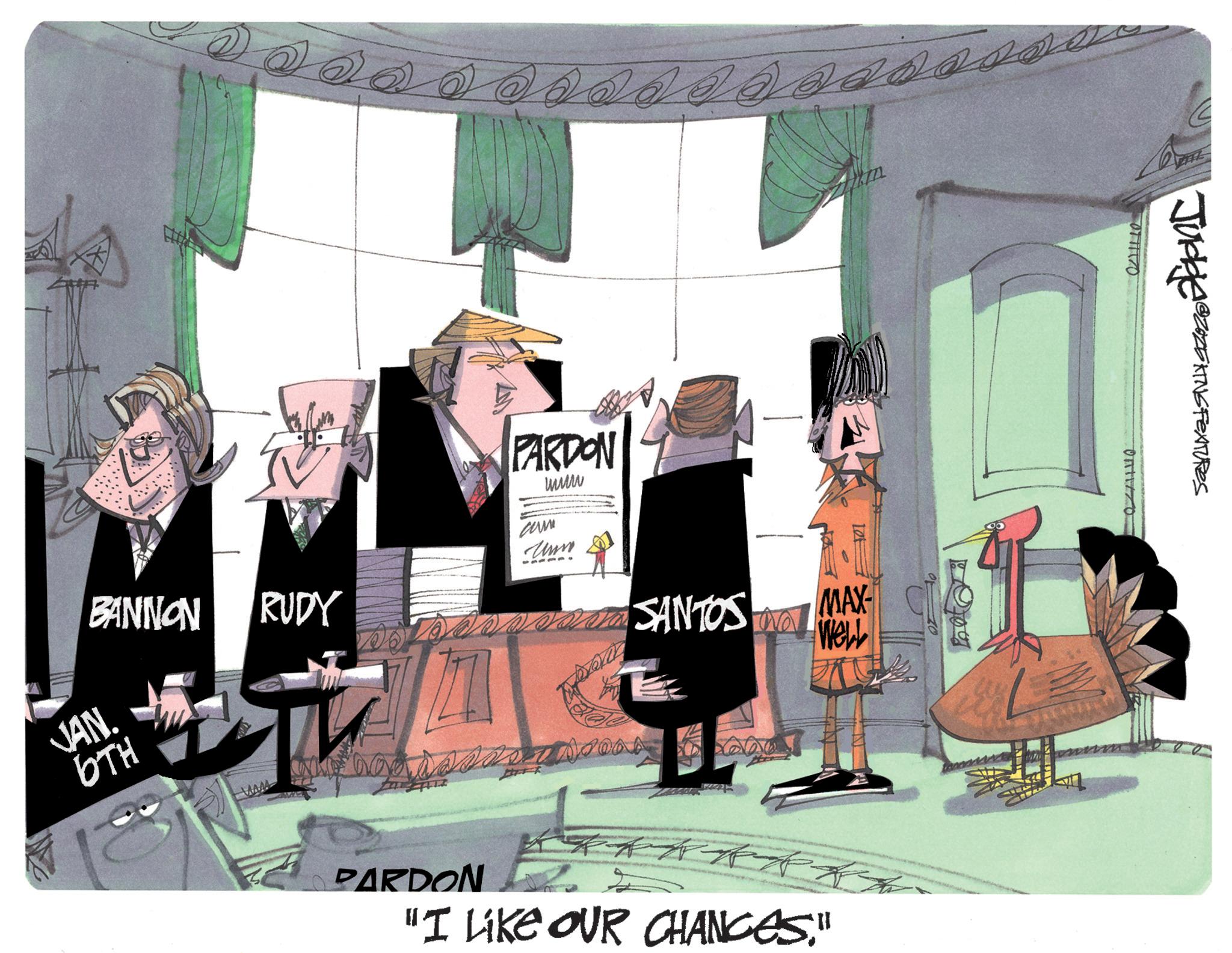 Animation OCR: PARDON ??? Cumm BANNON RUDY 10t SANTOS TO MAX- JAN. Well 6TH PARDON "I LIKE OUR CHANCES." Judge @zozEXING FEATURES 0/20. L PARDON ??? Cumm BANNON RUDY 10t SANTOS TO MAX- JAN . Well 6TH PARDON " I LIKE OUR CHANCES . " Judge @zozEXING FEATURES 0/20 . L