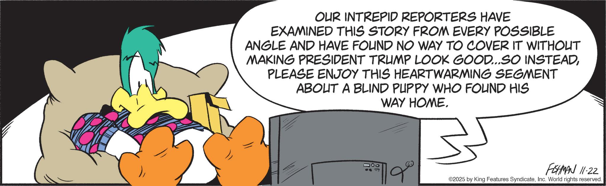 Comic book OCR: OUR INTREPID REPORTERS HAVE EXAMINED THIS STORY FROM EVERY POSSIBLE ANGLE AND HAVE FOUND NO WAY TO COVER IT WITHOUT MAKING PRESIDENT TRUMP LOOK GOOD...SO INSTEADPLEASE ENJOY THIS HEARTWARMING SEGMENT ABOUT A BLIND PUPPY WHO FOUND HIS WAY HOME. ??? FISHMAN 11-22 ©2025 by King Features SyndicateInc. World rights reserved. OUR INTREPID REPORTERS HAVE EXAMINED THIS STORY FROM EVERY POSSIBLE ANGLE AND HAVE FOUND NO WAY TO COVER IT WITHOUT MAKING PRESIDENT TRUMP LOOK GOOD ... SO INSTEADPLEASE ENJOY THIS HEARTWARMING SEGMENT ABOUT A BLIND PUPPY WHO FOUND HIS WAY HOME . ??? FISHMAN 11-22 © 2025 by King Features SyndicateInc. World rights reserved .