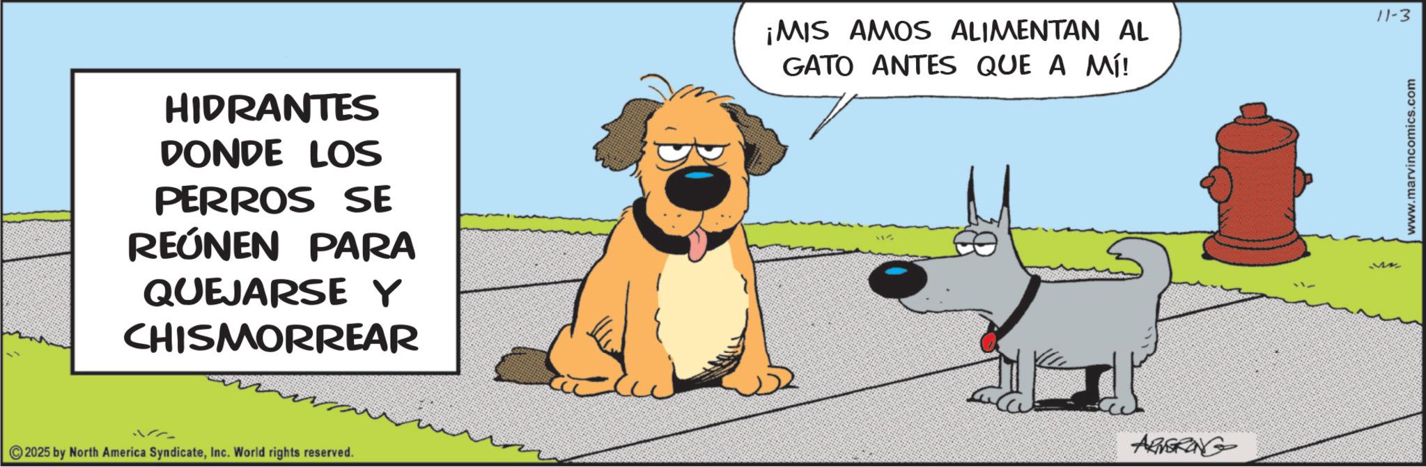 Working animal OCR: HIDRANTES DONDE LOS PERROS SE REÚNEN PARA QUEJARSE Y CHISMORREAR 2025 by North America SyndicateInc. World rights reserved. ¡MIS AMOS ALIMENTAN AL GATO ANTES QUE A MÍ! ARNERING Mr. 11-3 www.marvincomics.com HIDRANTES DONDE LOS PERROS SE REÚNEN PARA QUEJARSE Y CHISMORREAR 2025 by North America SyndicateInc. World rights reserved . ¡ MIS AMOS ALIMENTAN AL GATO ANTES QUE A MÍ ! ARNERING Mr. 11-3 www.marvincomics.com