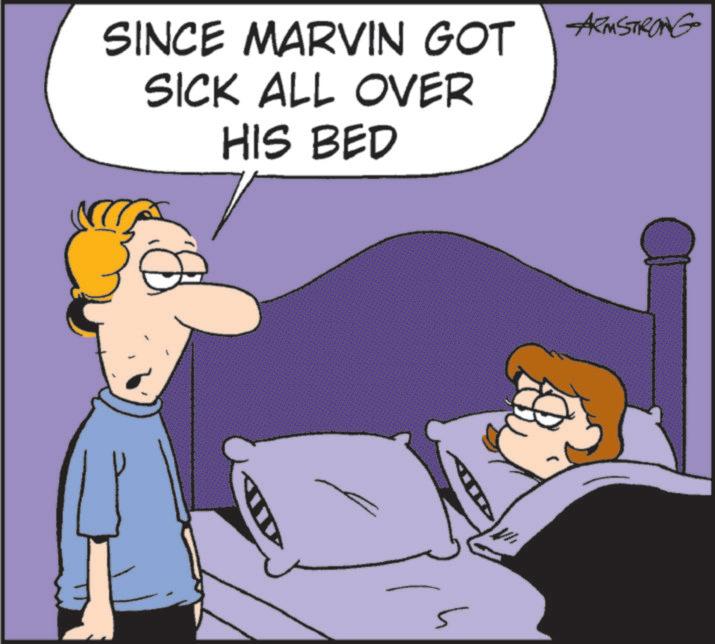 Animated cartoon OCR: SINCE MARVIN GOT SICK ALL OVER HIS BED ARMSTRONG 5 SINCE MARVIN GOT SICK ALL OVER HIS BED ARMSTRONG 5