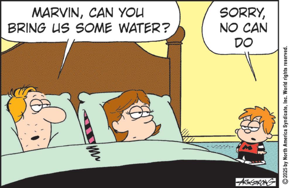 Photo caption OCR: MARVINCAN YOU BRING US SOME WATER? SORRYNO CAN DO 1 m ARMSTRONG 2025 by North America SyndicateInc. World rights reserved. MARVINCAN YOU BRING US SOME WATER ? SORRYNO CAN DO 1 m ARMSTRONG 2025 by North America SyndicateInc. World rights reserved .