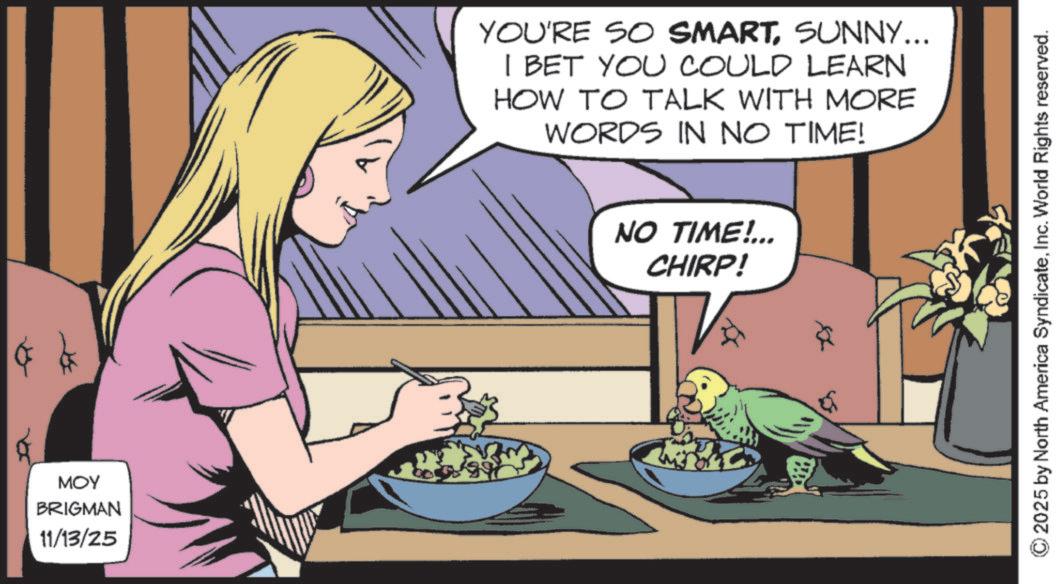 Comics OCR: MOY BRIGMAN 11/13/25 YOU'RE SO SMARTSUNNY... I BET YOU COULD LEARN HOW TO TALK WITH MORE WORDS IN NO TIME! NO TIME!... CHIRP! * ©2025 by North America SyndicateInc. World Rights reserved. MOY BRIGMAN 11/13/25 YOU'RE SO SMARTSUNNY ... I BET YOU COULD LEARN HOW TO TALK WITH MORE WORDS IN NO TIME ! NO TIME ! ... CHIRP ! * © 2025 by North America SyndicateInc. World Rights reserved .