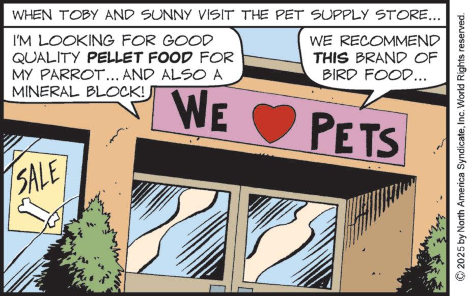 Advertising OCR: SALE WHEN TOBY AND SUNNY VISIT THE PET SUPPLY STORE... I'M LOOKING FOR GOOD QUALITY PELLET FOOD FOR MY PARROT... AND ALSO A MINERAL BLOCK! WE WE RECOMMEND THIS BRAND OF BIRD FOOD... PETS 2025 by North America SyndicateInc. World Rights reserved. SALE WHEN TOBY AND SUNNY VISIT THE PET SUPPLY STORE ... I'M LOOKING FOR GOOD QUALITY PELLET FOOD FOR MY PARROT ... AND ALSO A MINERAL BLOCK ! WE WE RECOMMEND THIS BRAND OF BIRD FOOD ... PETS 2025 by North America SyndicateInc. World Rights reserved .