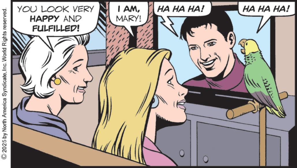 Animated cartoon OCR: 2025 by North America SyndicateInc. World Rights reserved. ?? YOU LOOK VERY HAPPY AND FULFILLED! I AMMARY! HA HA HA! HA HA HA! 2025 by North America SyndicateInc. World Rights reserved . ?? YOU LOOK VERY HAPPY AND FULFILLED ! I AMMARY ! HA HA HA ! HA HA HA !