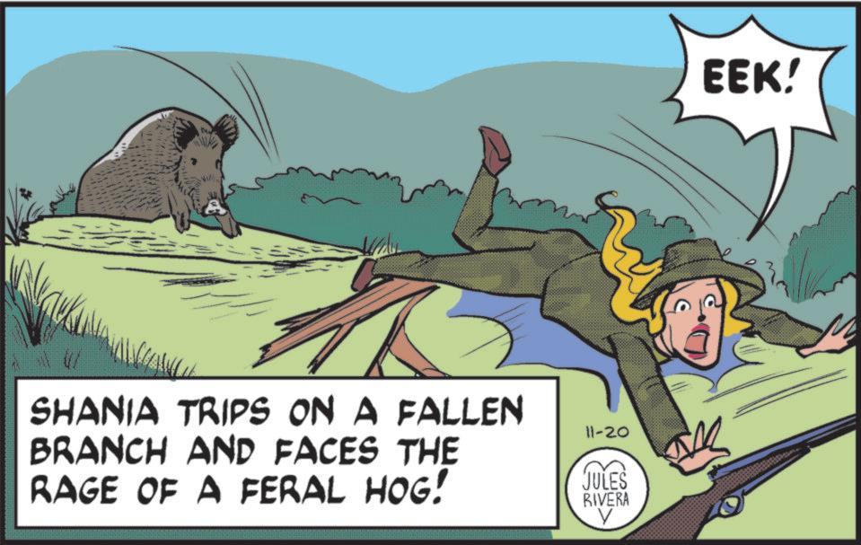 Photo caption OCR: SHANIA TRIPS ON A FALLEN BRANCH AND FACES THE RAGE OF A FERAL HOG! 11-20 JULES RIVERA V EEK! SHANIA TRIPS ON A FALLEN BRANCH AND FACES THE RAGE OF A FERAL HOG ! 11-20 JULES RIVERA V EEK !