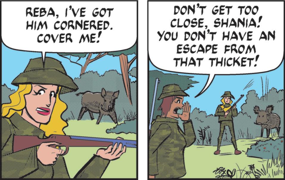 Cowboy hat OCR: REBAI'VE GOT HIM CORNERED. COVER ME! DON'T GET TOO CLOSESHANIA! YOU DON'T HAVE AN ESCAPE FROM THAT THICKET! REBAI'VE GOT HIM CORNERED . COVER ME ! DON'T GET TOO CLOSESHANIA ! YOU DON'T HAVE AN ESCAPE FROM THAT THICKET !