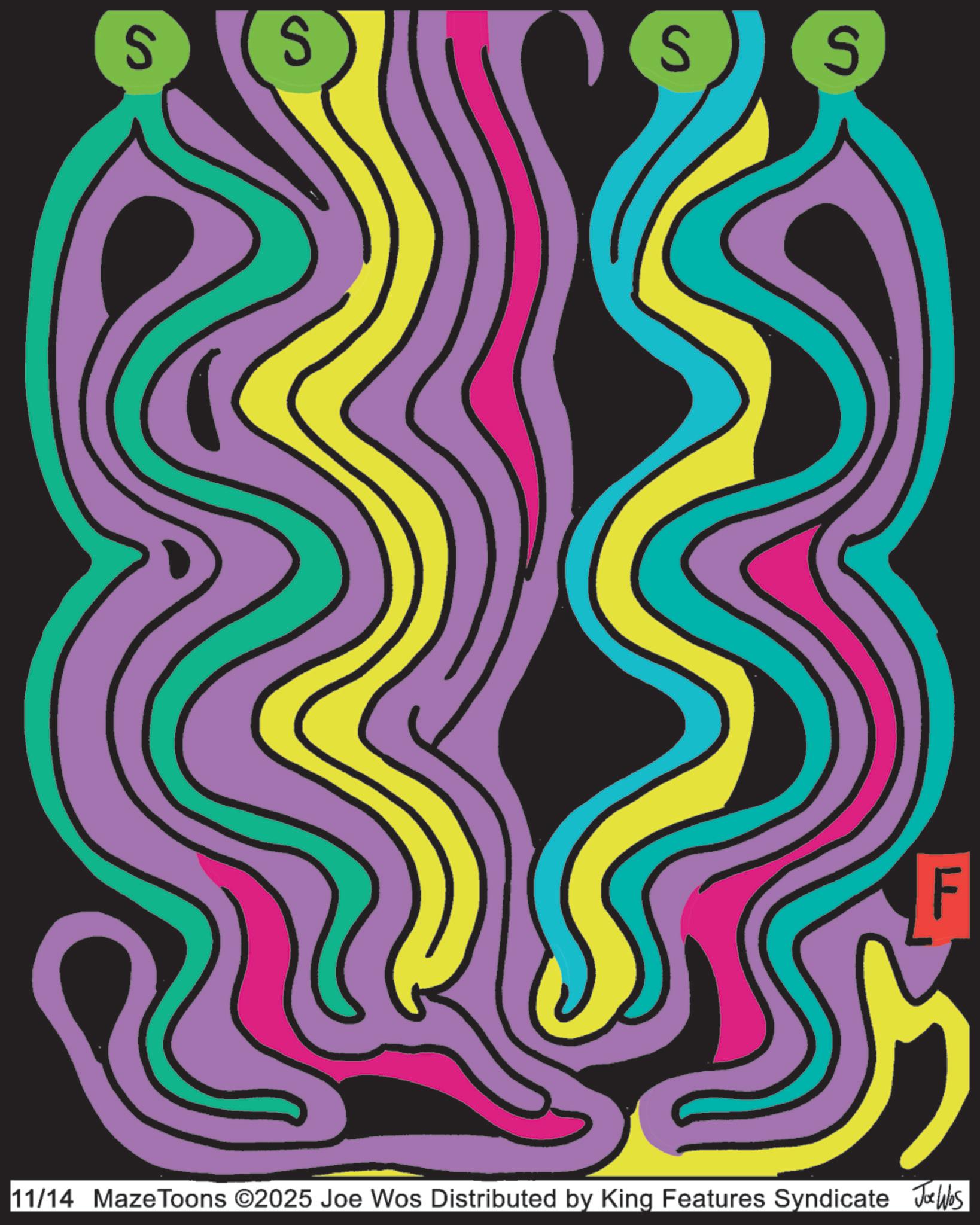 Psychedelic art OCR: S S S S F 11/14 MazeToons ©2025 Joe Wos Distributed by King Features Syndicate Joe Was S S S S F 11/14 MazeToons © 2025 Joe Wos Distributed by King Features Syndicate Joe Was