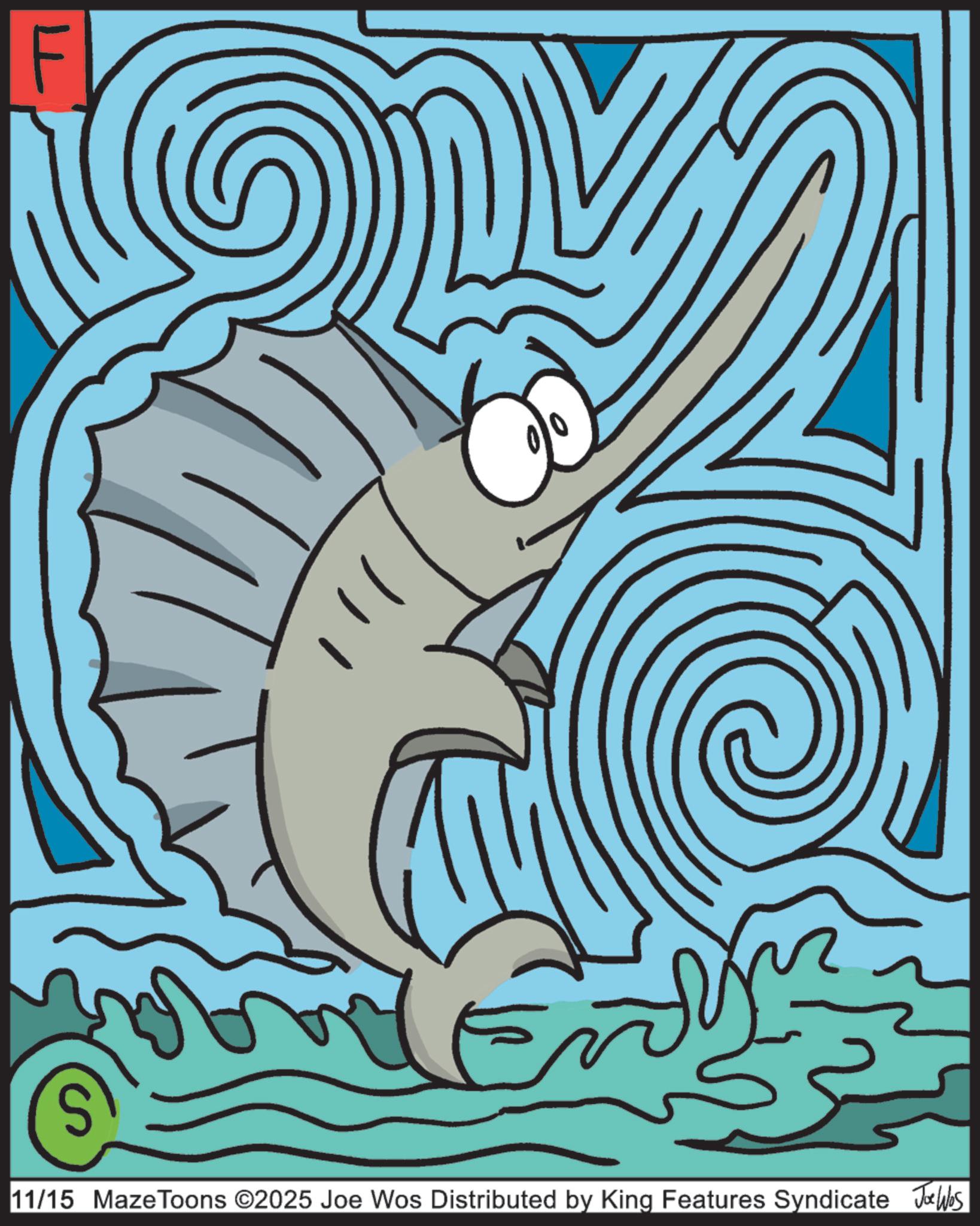 Line art OCR: F E 11/15 MazeToons ©2025 Joe Wos Distributed by King Features Syndicate Joe Was F E 11/15 MazeToons © 2025 Joe Wos Distributed by King Features Syndicate Joe Was
