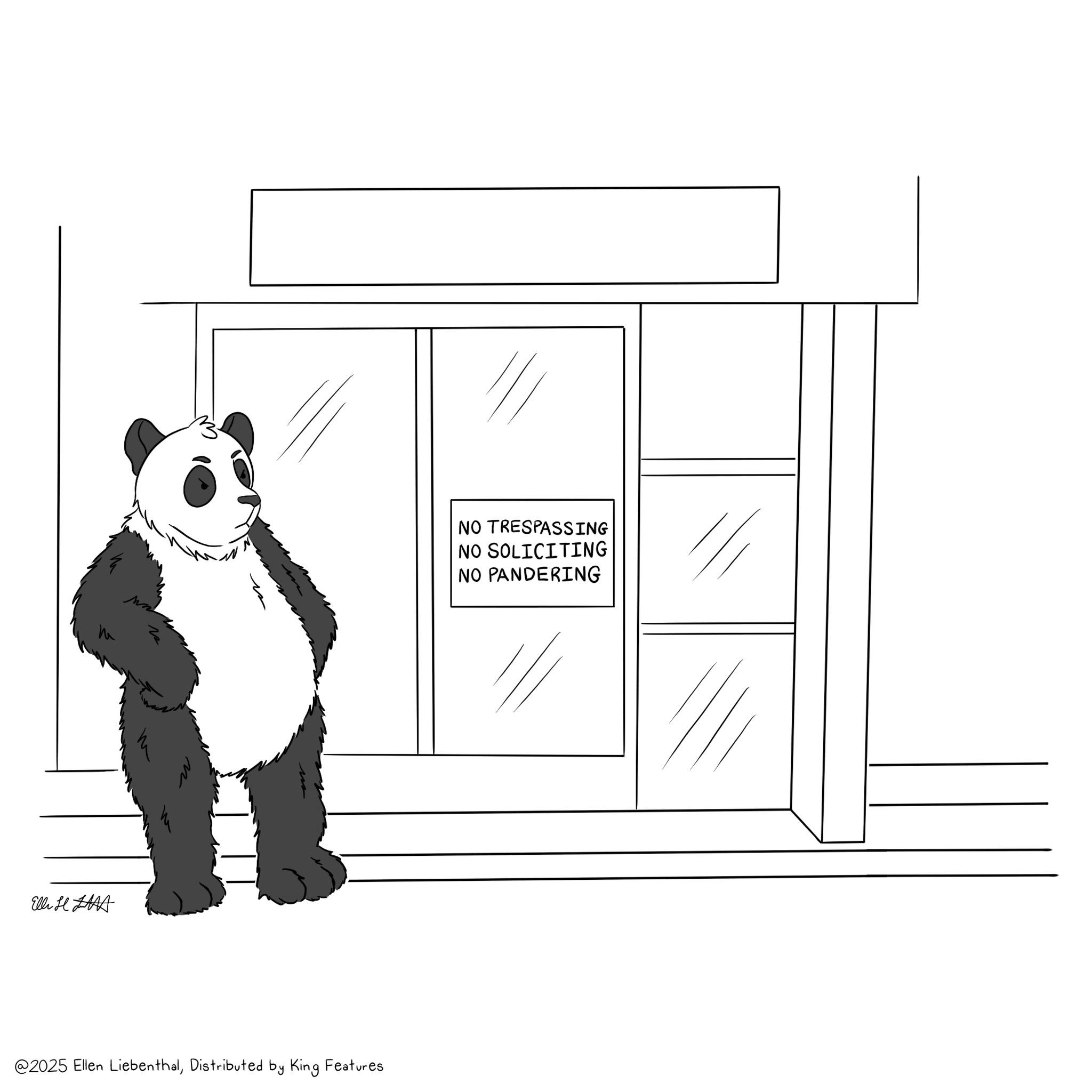 Animated cartoon OCR: Elli HAA @2025 Ellen LiebenthalDistributed by King Features NO TRESPASSING NO SOLICITING NO PANDERING Elli HAA @ 2025 Ellen LiebenthalDistributed by King Features NO TRESPASSING NO SOLICITING NO PANDERING