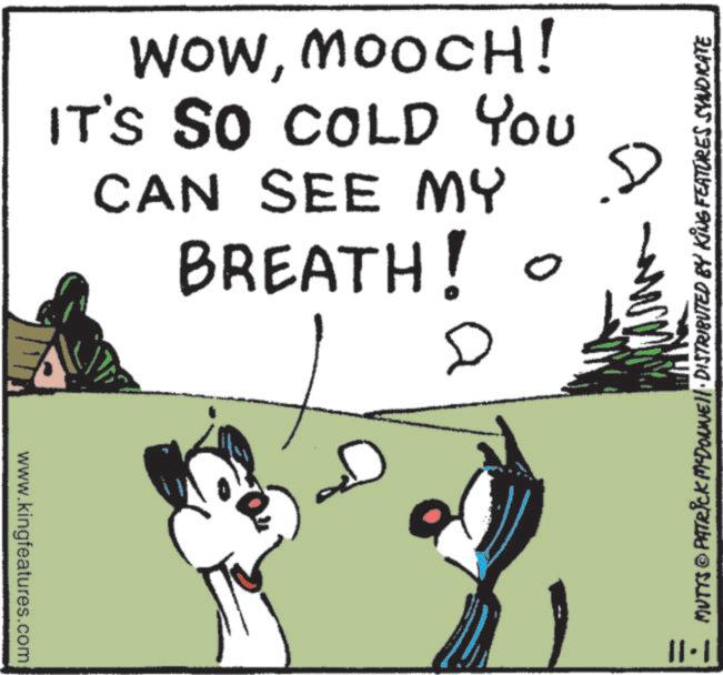 Photo caption OCR: WOWMOOCH! IT'S SO COLD YOU CAN SEE MY BREATH! 0 D www.kingfeatures.com a MUTTS © PATRICK MEDONNELL DISTRIBUTED BY KING FEATURES SYNDICATE 11.11 WOWMOOCH ! IT'S SO COLD YOU CAN SEE MY BREATH ! 0 D www.kingfeatures.com a MUTTS © PATRICK MEDONNELL DISTRIBUTED BY KING FEATURES SYNDICATE 11.11
