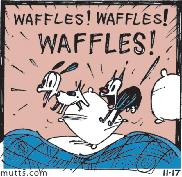 Fictional character OCR: WAFFLES! WAFFLES! WAFFLES! mutts.com 3 11.17 WAFFLES ! WAFFLES ! WAFFLES ! mutts.com 3 11.17