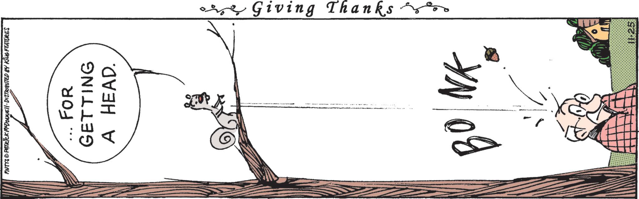 Graphics OCR: MUTTS PATRICK MYDONNE. DISTRIBUTED BY KING FEATURES FOR GETTING A HEAD. Giving Thanks to BONK 11:25 MUTTS PATRICK MYDONNE . DISTRIBUTED BY KING FEATURES FOR GETTING A HEAD . Giving Thanks to BONK 11:25