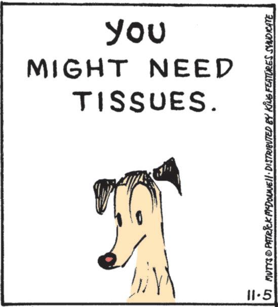 Canidae OCR: you TISSUES. MIGHT NEED 11.5 ? MUTTS@PATRICK MYDONNE!!· DISTRIBUTED BY KING FEATURES SYNDICATE you TISSUES . MIGHT NEED 11.5 ? MUTTS @ PATRICK MYDONNE !! · DISTRIBUTED BY KING FEATURES SYNDICATE