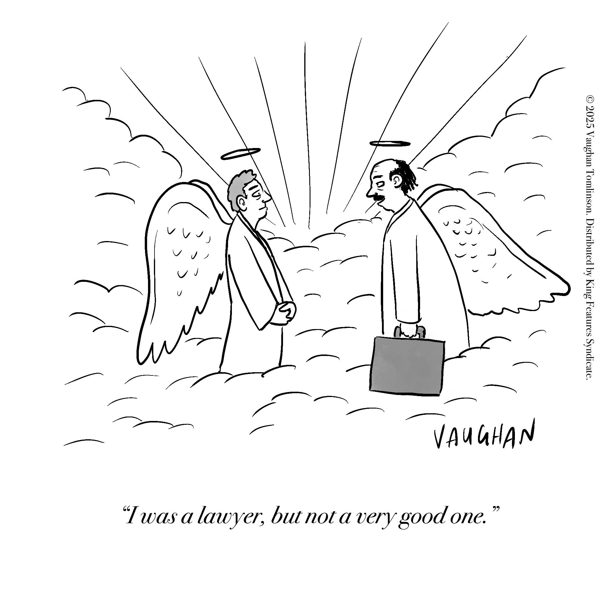 Sketch OCR: © 2025 Vaughan Tomlinson. Distributed by King Features Syndicate. VAUGHAN 66 "I was a lawyerbut not a very good one. © 2025 Vaughan Tomlinson . Distributed by King Features Syndicate . VAUGHAN 66 " I was a lawyerbut not a very good one .
